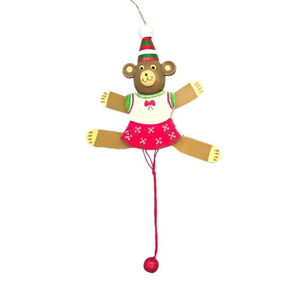 Vintage Wooden Bear Jumping Jack Christmas Ornaments Set 2 Pull String Taiwan - Picture 5 of 15
